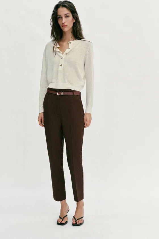 ZARA HIGH-WAISTED BELTED PANTS (Category: Other Bottoms) located in Taguig. Submitted by wena11 (Listing ID 1465850544, Image 3). Description: Zara Trouser Brand New with tag HIGH RISE ANKLE PANTS WITH BELT FRONT POCKETS FRONT ZIP, INNER BUTTONAND HOOK CLOSURE Size: XS Color: Chocolate Brown Total Length: 37.8 in Fit: Tailored fit with front creases ***Get 1 item for FREE. Choose 1 from my listings priced Php 0/FREE. .