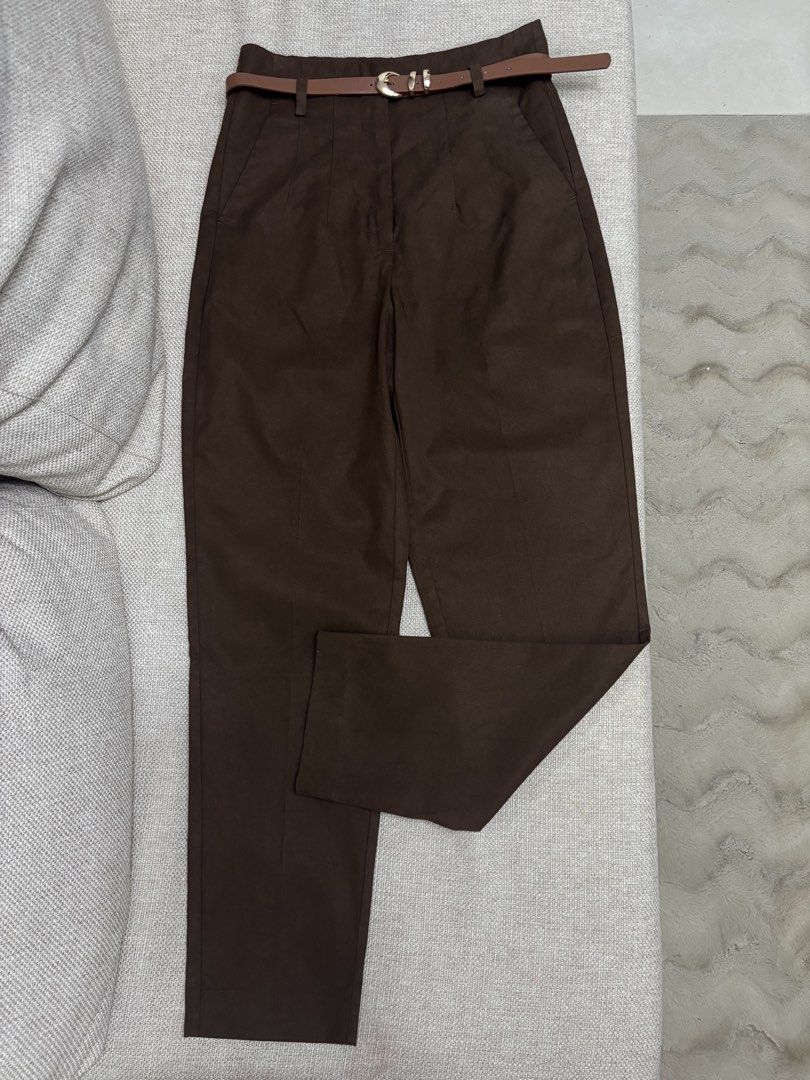 ZARA HIGH-WAISTED BELTED PANTS (Category: Other Bottoms) located in Taguig. Submitted by wena11 (Listing ID 1465850544, Image 2). Description: Zara Trouser Brand New with tag HIGH RISE ANKLE PANTS WITH BELT FRONT POCKETS FRONT ZIP, INNER BUTTONAND HOOK CLOSURE Size: XS Color: Chocolate Brown Total Length: 37.8 in Fit: Tailored fit with front creases ***Get 1 item for FREE. Choose 1 from my listings priced Php 0/FREE. .