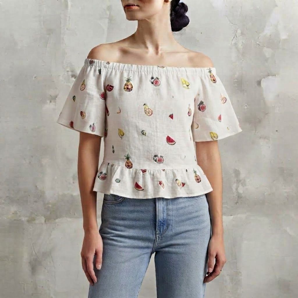 Zara Off-Shoulder Fruit Print Top (Category: Blouses) located in Marikina City. Submitted by preloved_n_reloved (Listing ID 1465895550, Image 1). Description: - Brand: Zara Basic Denim - Size: Medium - Design: White fabric with colorful fruit prints (pineapples, watermelons) - Details: Elastic neckline, short flowy sleeves, ruffled hem - Origin: Made in Morocco - Condition/Vibe: Fun, vibrant piece perfect for warm weather.