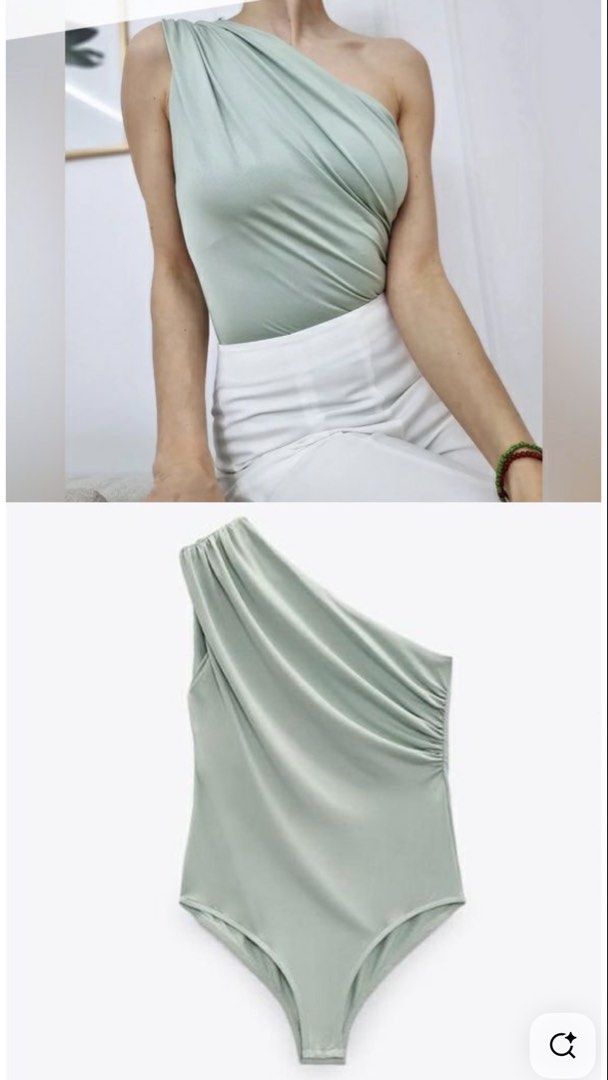 Zara One-Shoulder Draped Bodysuit Sage Green Size S (Category: Sleeveless) located in Pasay City. Submitted by closetbykim (Listing ID 1465787749, Image 2). Description: - Brand: Zara - Style: One-shoulder bodysuit with draped front and side ruching - Color: Soft sage green - Size: S - Condition: Worn once or twice, excellent shape - Material: Smooth and stretchy - Styling tip: Looks great with white trousers or denim jeans.