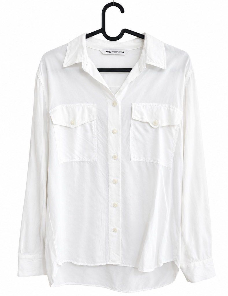 ZARA White Long Sleeve Button Up Shirt (Category: Longsleeves) located in Manila. Submitted by only_alyssacloset (Listing ID 1464398322, Image 1). Description: ZARA Cream White Long Sleeve Button Up Shirt Color: Cream White Size: Medium to Large.
