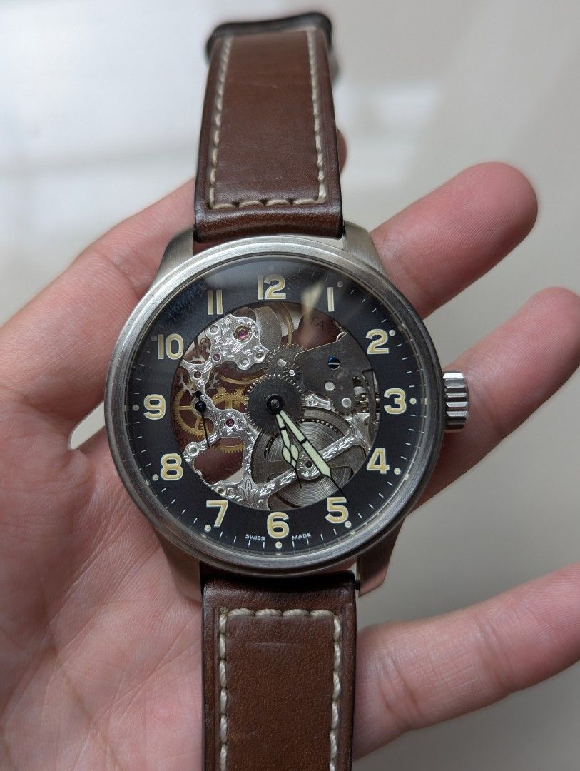 Zeno Watch Basel OS Pilot Skeleton Ref. 8558-9S (Category: Men's Watches) located in Quezon City. Submitted by dustydialsph (Listing ID 1465905307, Image 1). Description: - Brand/Model: Zeno-Watch Basel OS Pilot Skeleton (Ref. 8558-9S-a1) - Movement: Swiss-made hand-assembled mechanical manual wind - Dial: Black with bold Arabic numerals and visible skeletonized movement - Case & Crown: Stainless steel case with a signature large pilot crown - St