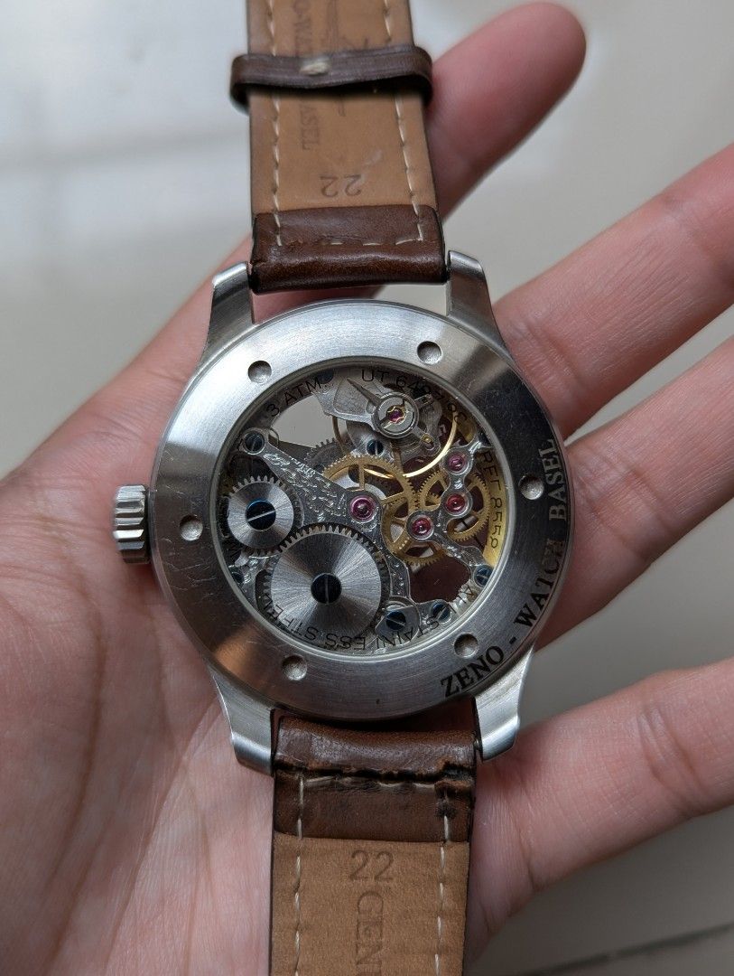 Zeno Watch Basel OS Pilot Skeleton Ref. 8558-9S (Category: Men's Watches) located in Quezon City. Submitted by dustydialsph (Listing ID 1465905307, Image 2). Description: - Brand/Model: Zeno-Watch Basel OS Pilot Skeleton (Ref. 8558-9S-a1) - Movement: Swiss-made hand-assembled mechanical manual wind - Dial: Black with bold Arabic numerals and visible skeletonized movement - Case & Crown: Stainless steel case with a signature large pilot crown - St
