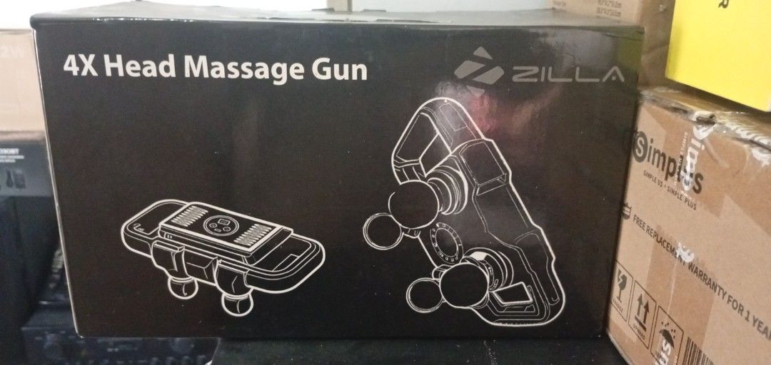 ZILLA 4X Head Massage Gun (Category: Massage Devices) located in Bacoor. Submitted by kurizu16 (Listing ID 1465946450, Image 1). Description: - Brand: ZILLA 4X Head Massage Gun - Packaging: Comes in original black box with instructional diagrams - Design: Multi-head attachment system for versatile muscle targeting - Use: Ideal for post-workout recovery and daily home muscle relief.