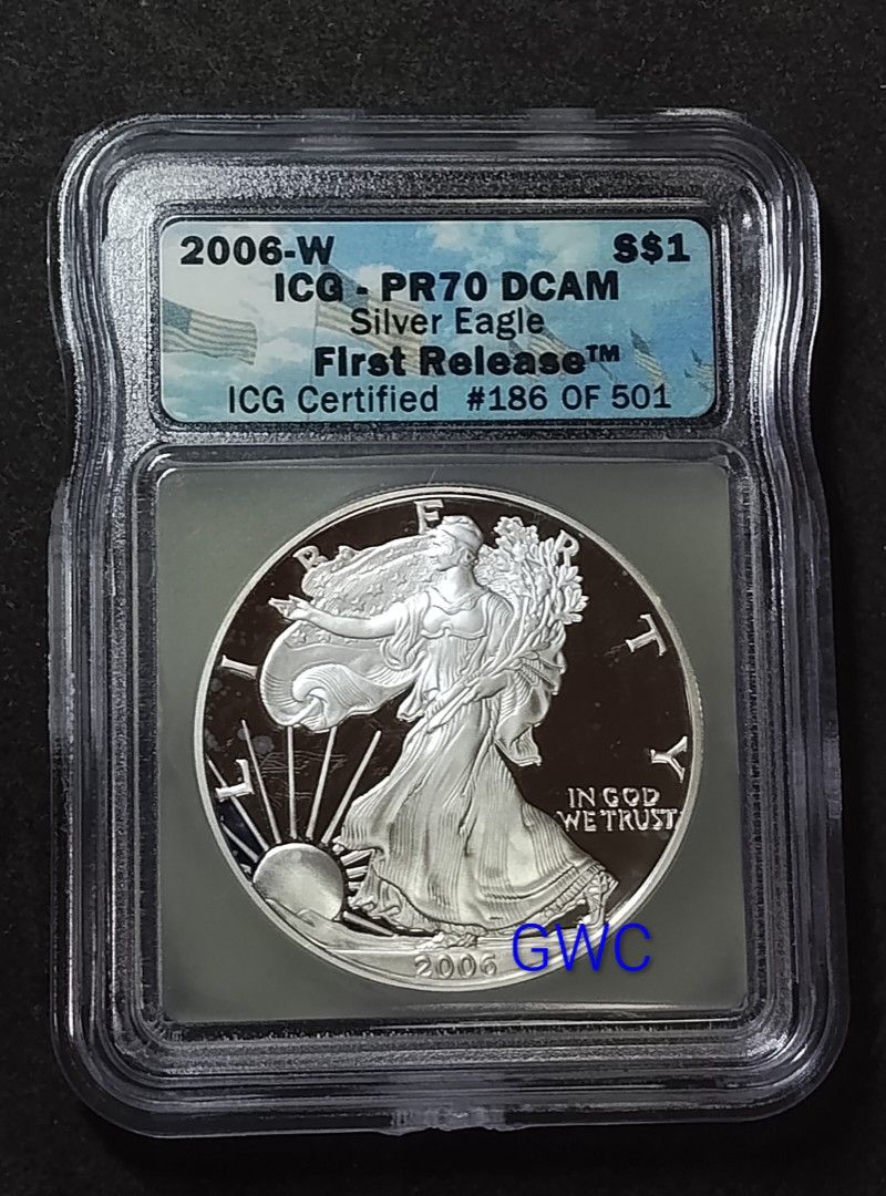 2006w PROOF70 AMERICAN SILVER EAGLE (Category: Currency) located in Bago City. Submitted by gwc-92861 (Listing ID 1466057808, Image 1). Description: 2006w PROOF70 AMERICAN SILVER EAGLE MINT: WESTPOINT METAL: .999 SILVER STRIKE: PROOF GRADE: PROOF 70 GRADER: ICG SHIPPING: LBC, JRS, JNT SHIPPING FEE: 140 PAYMENT: GCASH, GOTYME NO MEET UP.