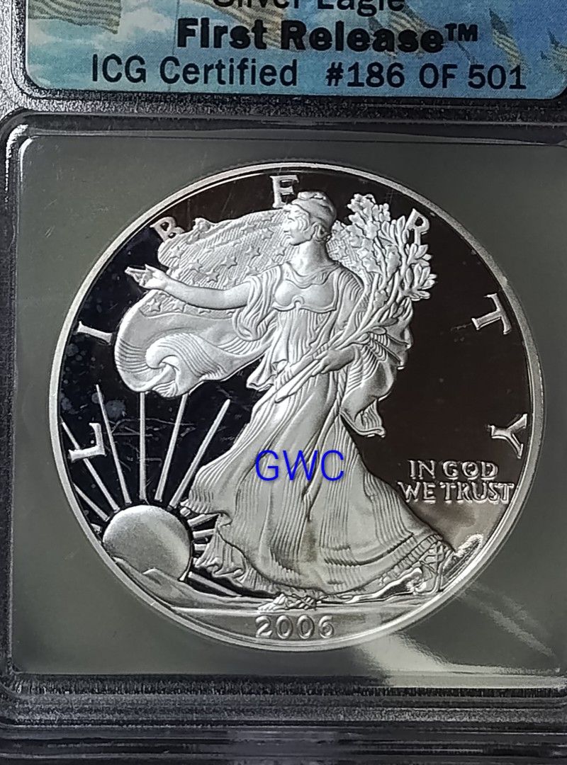 2006w PROOF70 AMERICAN SILVER EAGLE (Category: Currency) located in Bago City. Submitted by gwc-92861 (Listing ID 1466057808, Image 3). Description: 2006w PROOF70 AMERICAN SILVER EAGLE MINT: WESTPOINT METAL: .999 SILVER STRIKE: PROOF GRADE: PROOF 70 GRADER: ICG SHIPPING: LBC, JRS, JNT SHIPPING FEE: 140 PAYMENT: GCASH, GOTYME NO MEET UP.