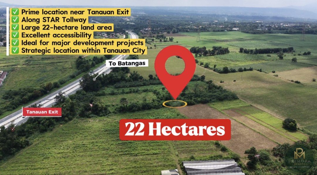 22-HECTARE PRIME DEVELOPMENT PROPERTY — TANAUAN, BATANGAS! (Category: Lot) located in Manila. Submitted by primorarealty (Listing ID 1465973006, Image 3). Description: 22-HECTARE PRIME DEVELOPMENT PROPERTY — TANAUAN, BATANGAS! 📍 Brgy. Natatas, Tanauan City, Batangas 💰 Asking Price: ₱8,000/sqm 📐 22 HECTARES 🛣️ Along STAR Tollway 🚗 Near Tanauan Exit Looking for a large-scale property with strategic highway access in Batangas? This 22-hectare p