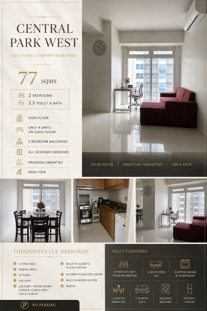 22M CENTRAL PARK WEST, BGC FOR SALE (Category: Apartments & Condos) located in Mandaluyong City. Submitted by Kuaima_Realty (Listing ID 1466052145, Image 1). Description: 🏙️ Property Highlights • 77 SQM • 2 Bedrooms • 2.5 Toilet & Bath • High Floor • Fully Furnished • Fronting Amenities • EDSA View 🏡 Well-Planned Layout ✔️ Spacious Living Area ✔️ Dining Area ✔️ Modern Kitchen ✔️ Hallway ✔️ Laundry / Storage / Helper's Area with Toilet & Bath ✨P