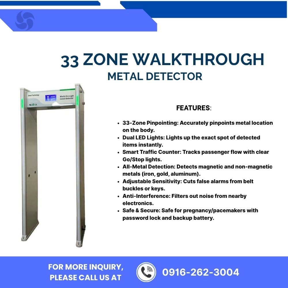 33 Zone Walkthrough Metal Detector Security Gate (Category: Locks, Doors & Gates) located in Manila. Submitted by cyrenejoye (Listing ID 1465959224, Image 1). Description: - 33-zone pinpointing system for pinpoint accuracy in metal location tracking - Dual LED lights that instantly highlight exact detection spots - Smart traffic counter with clear go and stop indicators to monitor passenger flow - Detects both magnetic and non-magnetic metals inc