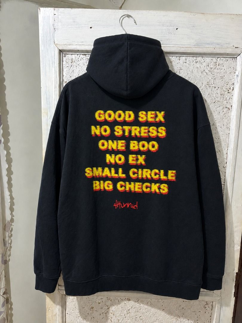 4Hunnid - Good Sex Statement Tee (Category: Coats, Jackets and Outerwear) located in Caloocan City. Submitted by blackrainxd (Listing ID 1466129599, Image 1). Description: Excellent Condition Size XL on tag Width 22 Length 28 Color rate 9.5/10 Minimal hairline, check last pic 2500 shipped Tuguegarao City, Cagayan 📍.