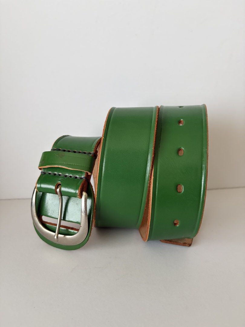 9. Green Wide Leather Belt (Category: Belts) located in Quezon City. Submitted by wagwagan_ukay_blues (Listing ID 1466020481, Image 2). Description: From Japan In good used condition Please expect signs of usage hole Size -25”-33” Overall -38” Width -1.6” Novaliches Qc.