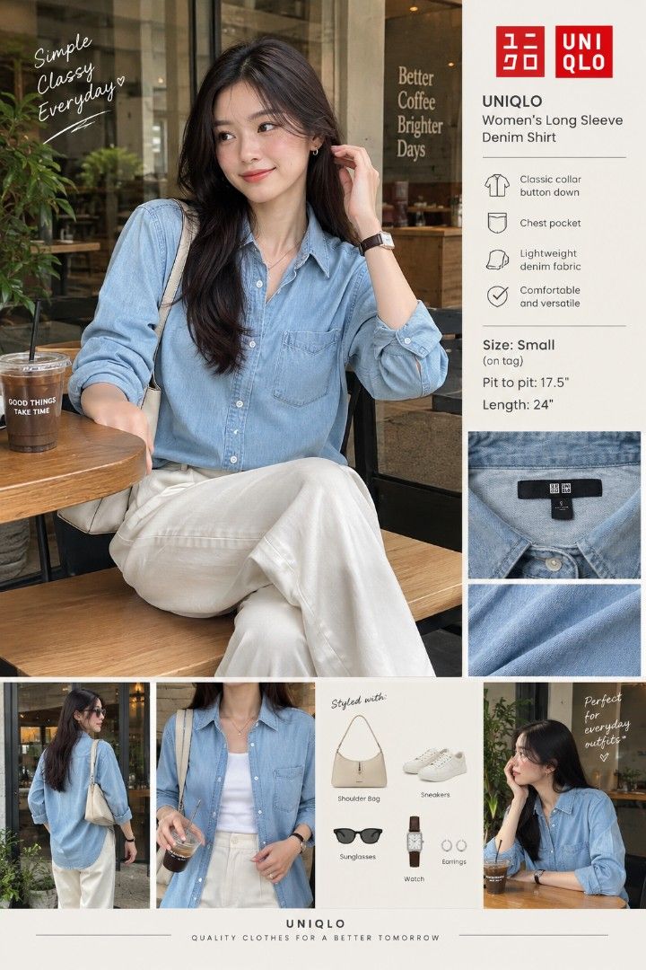 ✨ KOREAN-INSPIRED CASUAL, EVERYDAY ESSENTIAL ✨ (Category: Longsleeves) located in Cagayan de Oro. Submitted by thrift_ko_lang1523 (Listing ID 1466092724, Image 1). Description: Elevate your everyday outfit with this UNIQLO Women’s Light Blue Denim Long Sleeve 💙 Perfect for that clean, minimalist Korean-style look—easy to pair with trousers, jeans, skirts, or your favorite sneakers. ☕ Perfect for coffee dates, casual errands, weekend strolls, and