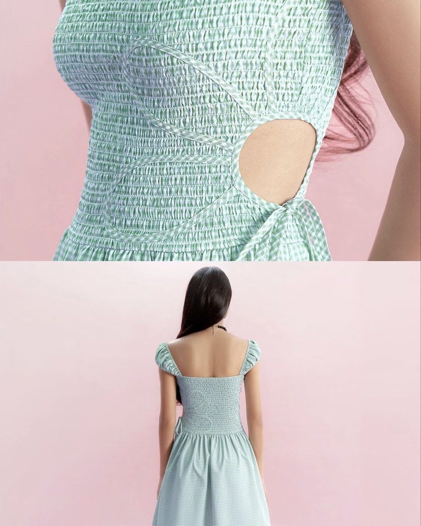 🇻🇳 Libe Workshop Sage Green Gingham Midi Dress (Category: Dresses) located in Mandaluyong City. Submitted by im.a.shopaholic (Listing ID 1466092154, Image 2). Description: - Sage green and white gingham dress, bought in Vietnam - Length: Midi (hits around mid-calf) - Design: Square neckline, short puff sleeves, smocked bodice, and cute side cutout with tie detail.