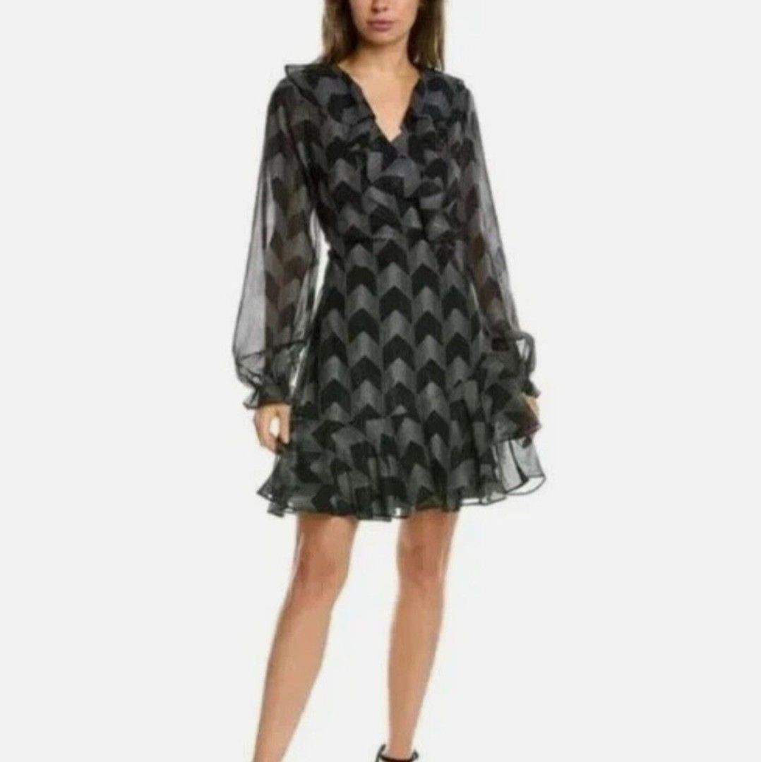 ✨ TED BAKER Talini Ruffle Wrap Mini Dress ✨ (Category: Dresses) located in Manila. Submitted by shopyourstyleph (Listing ID 1466145145, Image 1). Description: Rare & Pretty 🌸💕 Can be fit to S/M body frame Ted Baker Talini Ruffle Wrap Mini Dress. Design: Semi-sheer, lightweight georgette chiffon fabric embellished with fine metallic threading. Pattern: An all-over geometric chevron/herringbone print in black and white. Details: Features a plungi