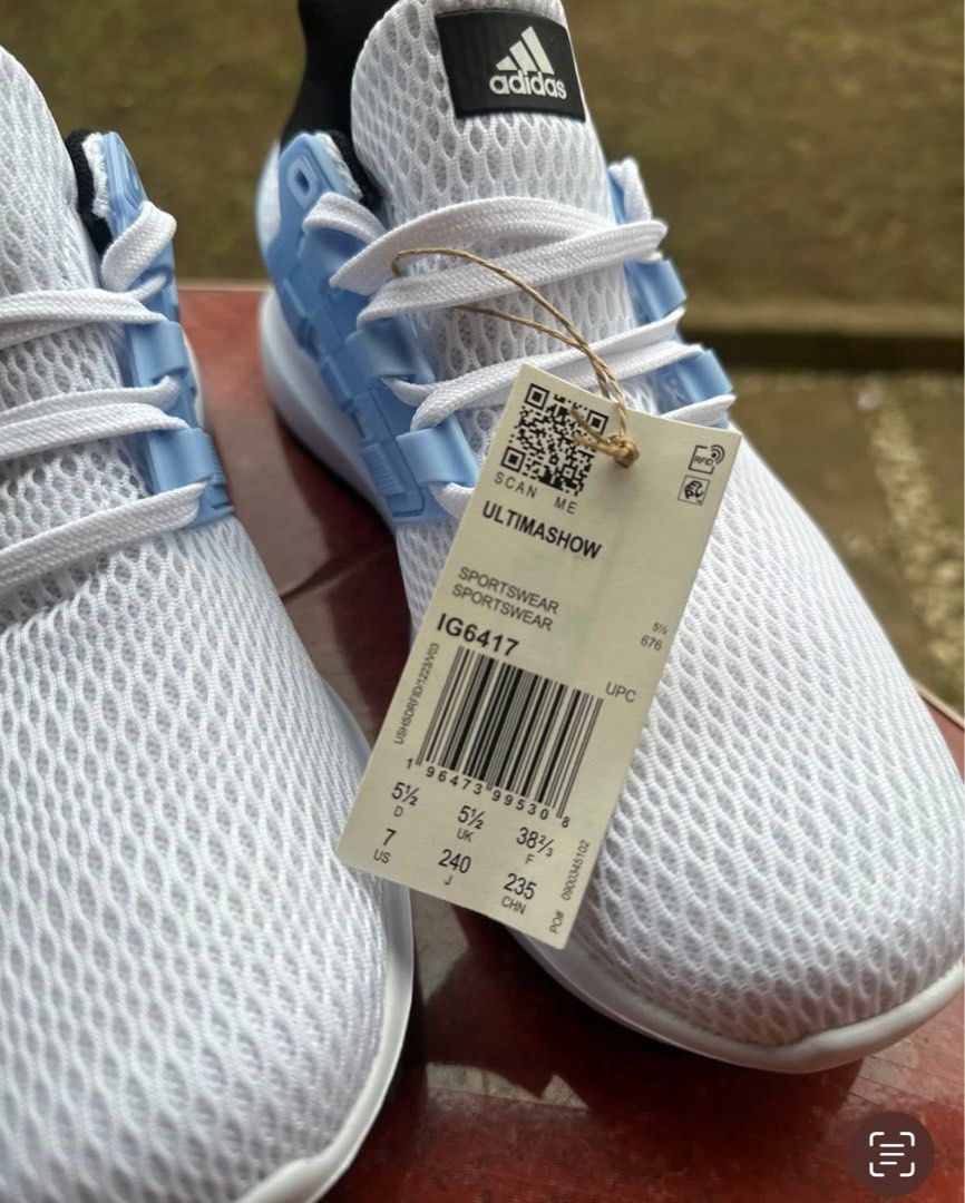 Adidas Ultimashow White Light Blue US7 (Category: Sneakers) located in Batangas. Submitted by lux_kimmy (Listing ID 1465995233, Image 1). Description: - Brand: Adidas Ultimashow - Color: White and Light Blue - Size: US Women's 7 / UK 5.5 / EU 38 2/3 - Condition: Brand new with tags attached, never worn - Features: Breathable mesh upper and super cushioned sole - Best for: Daily walks and gym sessions Authentic US bought .
