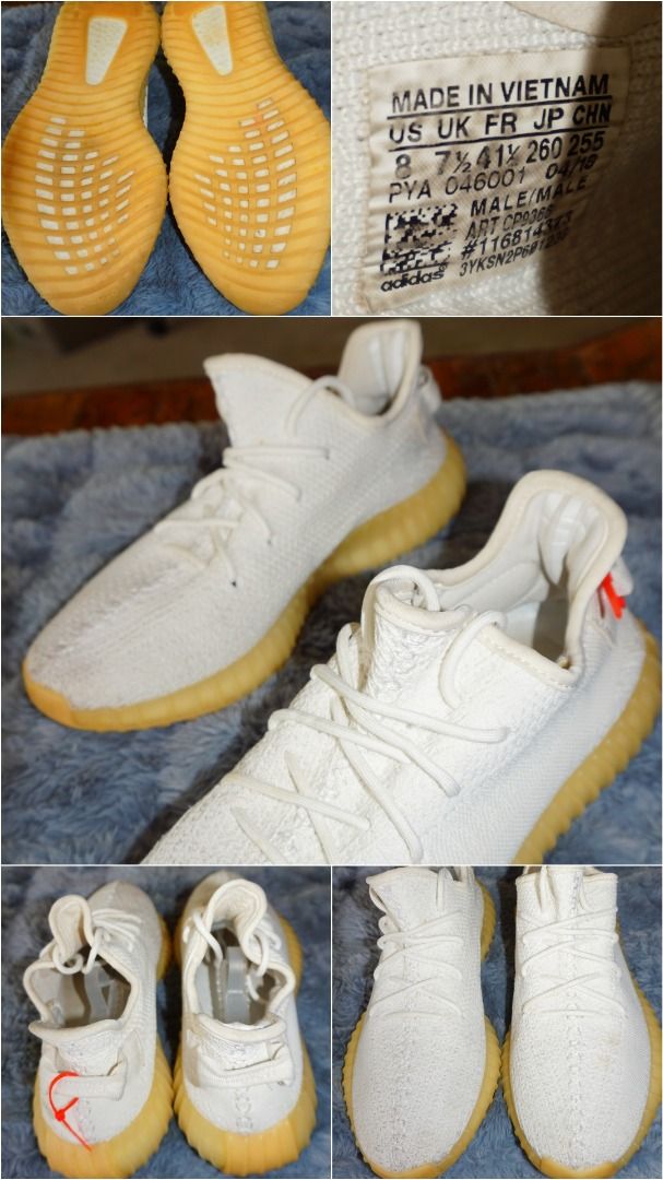 Adidas Yeezy Boost 350 V2 Butter US 8 (Category: Sneakers) located in Lucena. Submitted by erikj27 (Listing ID 1466035954, Image 1). Description: No box from Thrift Store (ukay-ukay) - Brand/Model: Adidas Yeezy Boost 350 V2 - Colorway: Butter - Size: US 8 / UK 7.5 / EU 41 1/2 - Material: Primeknit upper with distinctive gum soles - Details: Orange zip tag attached to the heel pull tab, interior size tag fully intact - Condition: Shows some wear o