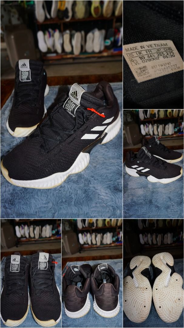 Adidas-Pro Bounce Low 'Core Black' US 10.5 (Category: Sneakers) located in Lucena. Submitted by erikj27 (Listing ID 1466047212, Image 1). Description: No box from Thrift Store (ukay-ukay) - Brand: Adidas-Pro Bounce Low 'Core Black' AH2673 - Color: Black knitted upper, white three stripes, white midsole, and grey tongue tag - Size: US 10.5 / UK 10 / FR 44 2/3 - Condition: Pre-owned with slight dirt accumulation on the outsoles - Style: Low-top bas