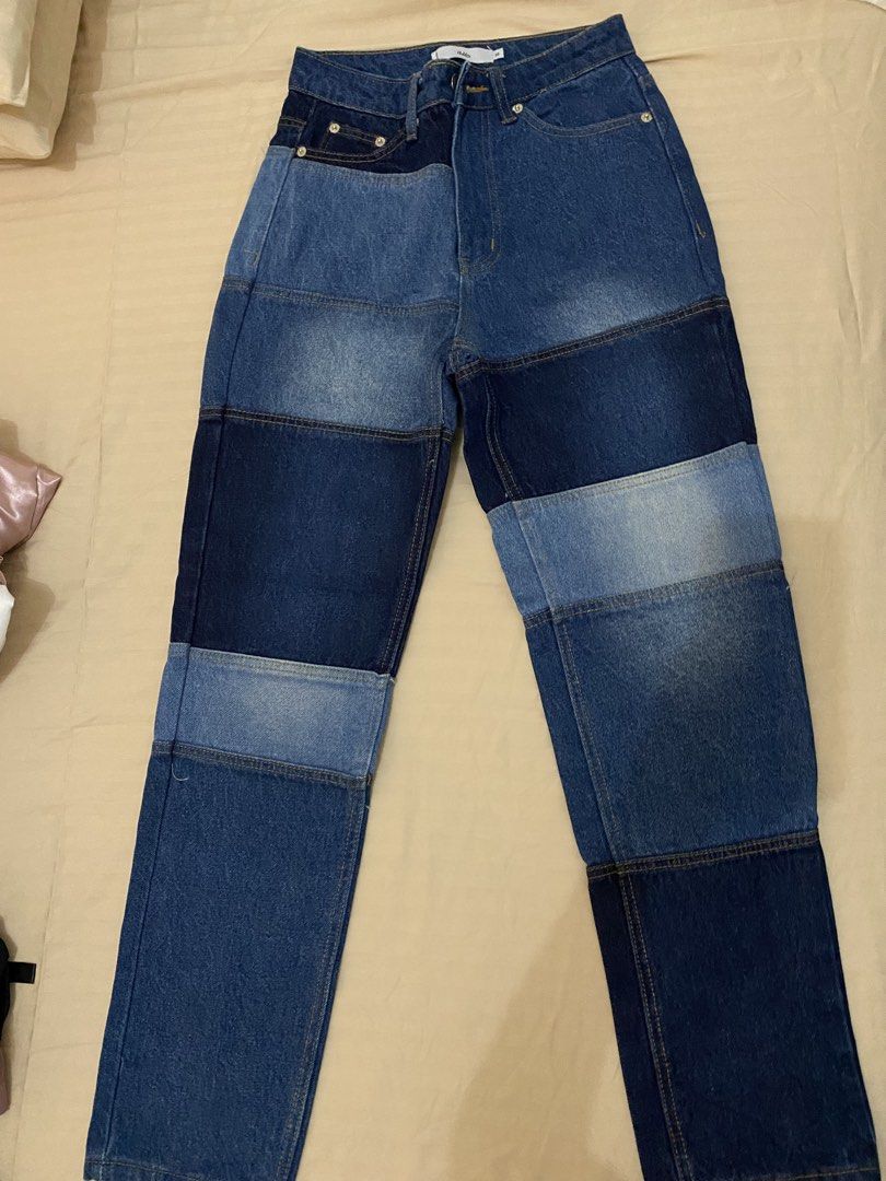 Adika Patchwork Denim Jeans Size S (Category: Jeans) located in Cebu City. Submitted by hailey_sells (Listing ID 1466015191, Image 1). Description: - Brand: Adika - Size: S - Design: Horizontal patchwork panel with contrasting blue washes - Fit: Straight leg.