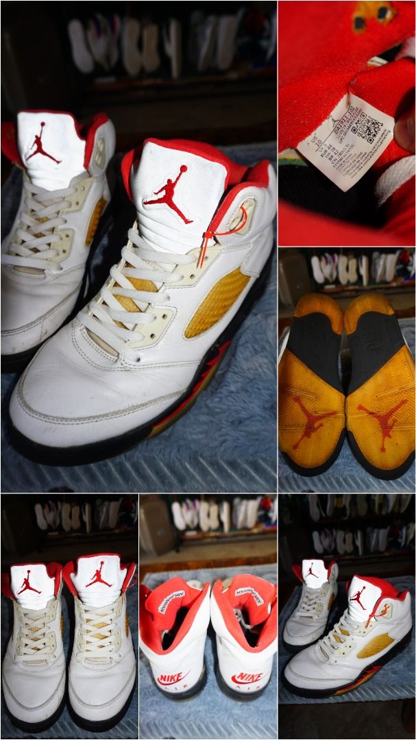 Air Jordan 5 Retro Fire Red Size US 10 (Category: Sneakers) located in Lucena. Submitted by erikj27 (Listing ID 1466042360, Image 1). Description: No box from Thrift Store (ukay-ukay) - Model: Air Jordan 5 Retro Fire Red - Size: US 10 / UK 9 / EUR 44 - Design: White leather upper, reflective silver tongue, red lining, and authentic Nike Air heel branding - Condition: Signs of wear include yellowed netting and soles from age, plus minor scuffs on 