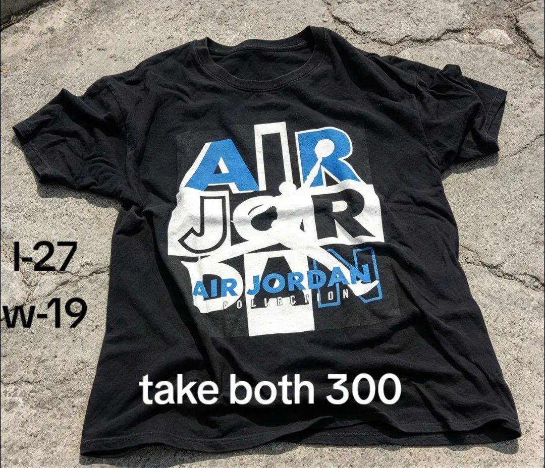 Air Jordan Collection Graphic T-Shirt Bundle (Category: Tshirts & Polo Shirts ) located in Manila. Submitted by gentletree_2294f3 (Listing ID 1466054582, Image 1). Description: - Bundle of 2 Air Jordan graphic tees (Black and Blue) - Features iconic Jumpman logo block design on the front - Measurements: ~27 inches length x 19 inches width - Price: Grab both shirts for only ₱300 - Condition: Good, ready to wear - Perfect for casual streetwear styl