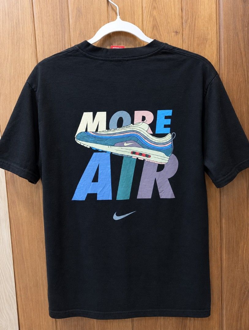 Airmax Tshirt (Category: Tshirts & Polo Shirts ) located in Bulacan. Submitted by ukaybrandedshop (Listing ID 1465980519, Image 1). Description: 🔥 TAG PALANG PANALO NA KAYO DITO 🔥 NIKE MORE AIR - Air Max 97 Sean Wotherspoon SIZE M (Orange Tag) | MADE IN CHINA | LEGIT 100% Details: ✔️ Front: Small Swoosh logo ✔️ Back: Big MORE AIR print with Air Max 97 ✔️ Color: Black na black, no fade ✔️ Print: No crack, buo pa ✔️ Issue: No wash tag (cut) pero 