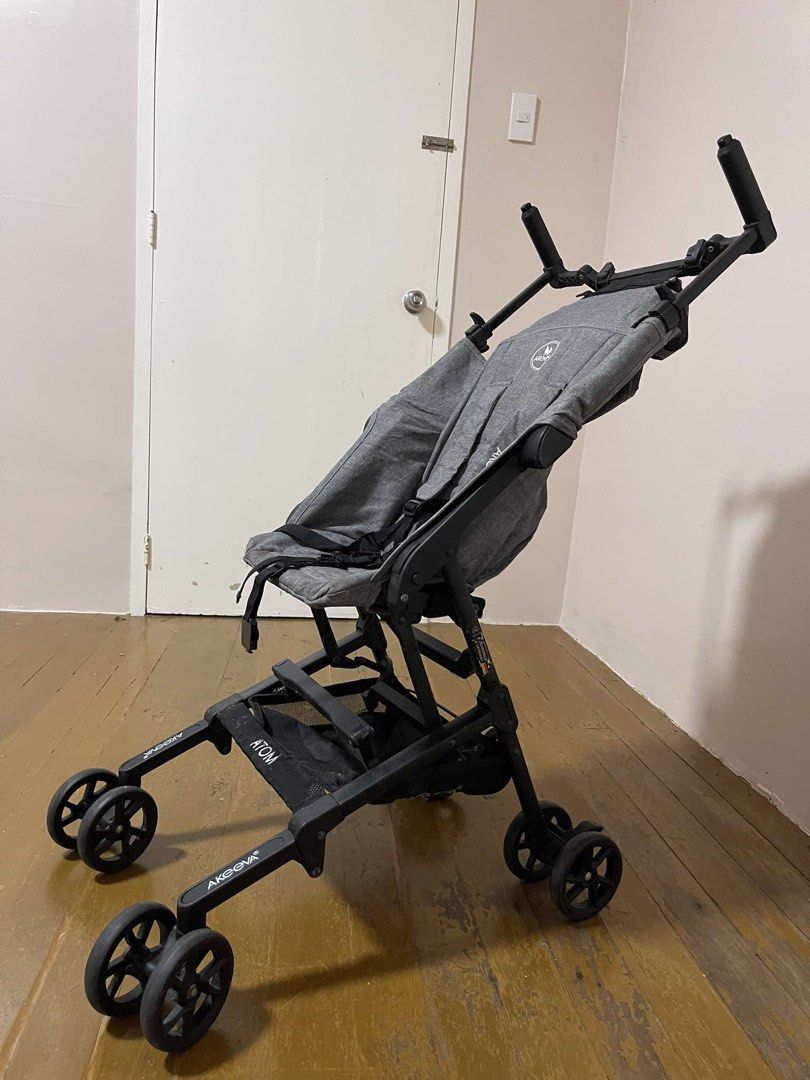 Akeeva Atom Lightweight Baby Stroller Grey (Category: Strollers) located in Bulacan. Submitted by levixxx (Listing ID 1465959017, Image 1). Description: - Brand/Model: Akeeva Atom baby stroller - Color: Grey with black frame and wheels - Design: Compact, lightweight, and easy to fold/unfold - Safety: Secure harness straps attached inside the seat - Storage: Convenient basket underneath for bags and essentials - Condition: Clean fabric and sturdy 