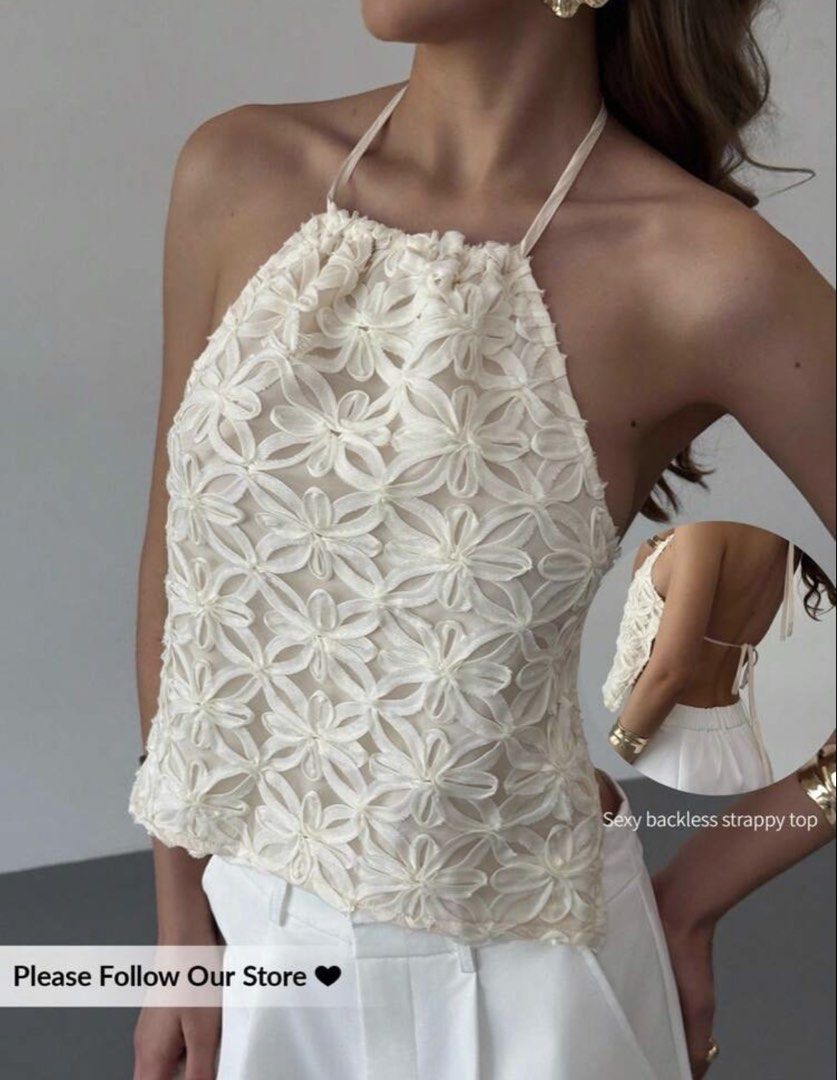 Aloruh Women's Solid Color Halter Neck Backless Top (Category: Sleeveless) located in Manila. Submitted by jehielash (Listing ID 1466096068, Image 2). Description: - Brand/Model: Aloruh white halter neck top - Size: Small - Design: Backless with adjustable thin tie-back straps - Detail: All-over floral cutout lace pattern on the front - Perfect for: Summer days out, beach trips, or casual dates - Condition: Excellent.