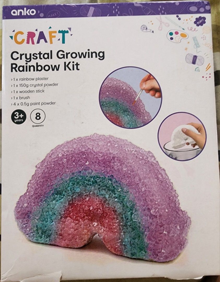 Anko Craft Crystal Growing Rainbow Kit (Category: Craft Supplies & Tools) located in Quezon City. Submitted by acm.isa (Listing ID 1465962206, Image 1). Description: - Brand new and unopened science & craft kit - Suitable for kids ages 3 and up - Grow your own colorful crystals at home - Includes rainbow plaster, crystal powder, wooden stick, brush, and paint powder - Perfect hands-on activity and gift idea for Christmas -PM for details. Shipping