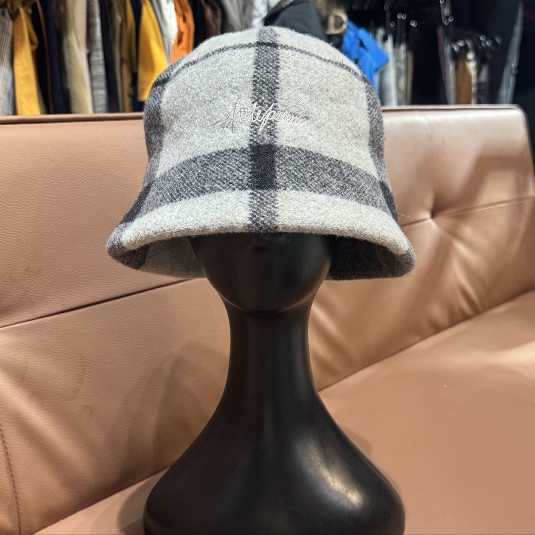 Anterprima Plaid Wool Bucket Hat Grey Black M~S (Category: Hats & Beanies) located in Rizal. Submitted by houseofbell (Listing ID 1466150826, Image 1). Description: - Brand: Anteprima - Design: Grey and black plaid pattern with embroidered logo on the front - Material: Soft wool with a comfortable black inner headband - Size: Medium to Small (fits head circumference 57.5 cm to 56 cm) - Condition: Excellent, ready to wear.