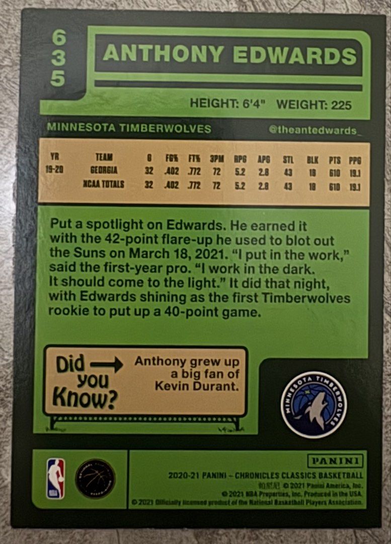 Anthony Edwards 635 (Category: Raw Singles) located in Manila. Submitted by steadycards80 (Listing ID 1466110482, Image 2). Description: Rookie card.