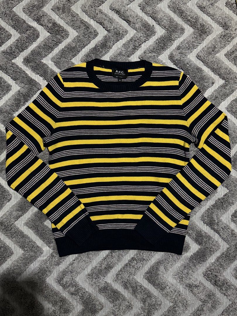 A.P.C. Striped Knit Sweater (Category: Longsleeves) located in Manila. Submitted by mndmfinds (Listing ID 1466083606, Image 2). Description: A.P.C Yellow & blue Striped Knit Sweater In Excellent Condition!!! ₱1,500 asking PASIG📍.