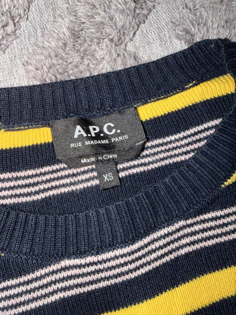A.P.C. Striped Knit Sweater (Category: Longsleeves) located in Manila. Submitted by mndmfinds (Listing ID 1466083606, Image 3). Description: A.P.C Yellow & blue Striped Knit Sweater In Excellent Condition!!! ₱1,500 asking PASIG📍.