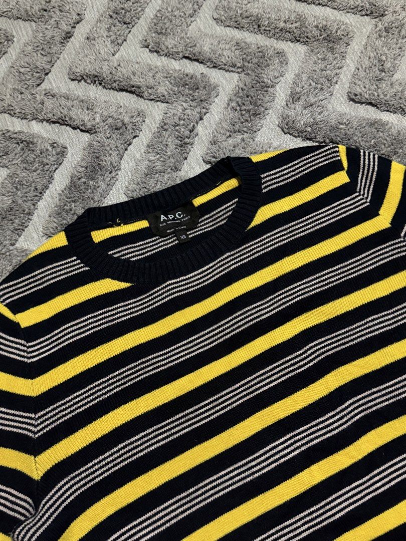 A.P.C. Striped Knit Sweater (Category: Longsleeves) located in Manila. Submitted by mndmfinds (Listing ID 1466083606, Image 1). Description: A.P.C Yellow & blue Striped Knit Sweater In Excellent Condition!!! ₱1,500 asking PASIG📍.