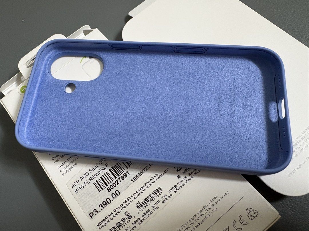 Apple Silicone Case for iPhone 16 (Category: Cases & Sleeves) located in Cainta. Submitted by bloomeveryday (Listing ID 1465987827, Image 3). Description: Original Apple case (with animation once attached to the phone) in Periwinkle Color often goes out of stock Silky, soft touch finish Works seamlessly with camera control With MagSafe Selling for half its original price Original packaging included (opened for taking photos).