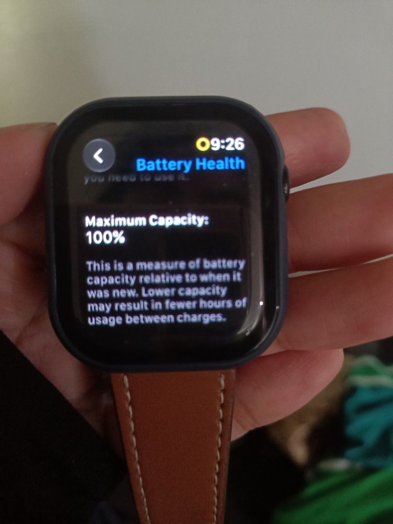 42mm Apple watch 11 No Issue with original charger (Category: Wearables & Smart Watches) located in Quezon City. Submitted by hohoho12345678 (Listing ID 1465972430, Image 2). Description: - Model: Apple Watch Series 11 (GPS, 42mm Aluminum Case) - Condition: No issues - Battery Health: 100% - Inclusions: Original charger, brown leather strap, and protective case - Warranty: Apple Limited Warranty valid until November 8, 2026.