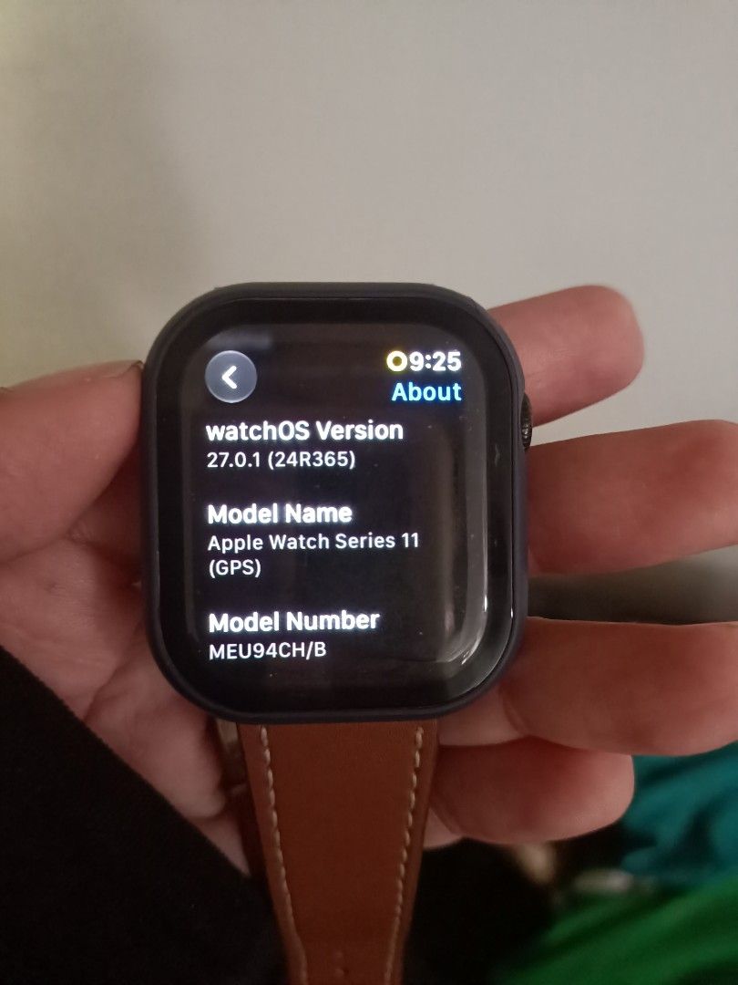 42mm Apple watch 11 No Issue with original charger (Category: Wearables & Smart Watches) located in Quezon City. Submitted by hohoho12345678 (Listing ID 1465972430, Image 3). Description: - Model: Apple Watch Series 11 (GPS, 42mm Aluminum Case) - Condition: No issues - Battery Health: 100% - Inclusions: Original charger, brown leather strap, and protective case - Warranty: Apple Limited Warranty valid until November 8, 2026.
