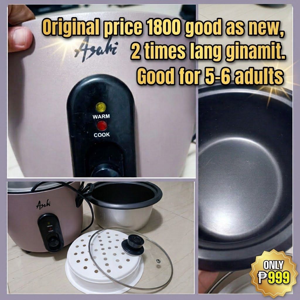 Asahi Rice Cooker - with Steamer - Good Condition (Category: Cookers) located in Taguig. Submitted by deth_tabucalde (Listing ID 1466126861, Image 1). Description: Selling my Asahi 10-cup rice cooker with steamer. 🍚 ✅ Good working condition ✅ Used only around 2 times ✅ With steamer ✅ 10-cup capacity ✅ Clean and well-kept Reason for selling: Too big for our household of 3. 📍 Meetup/location: for nearby areas only 🚚 Buyer may also arrange delive