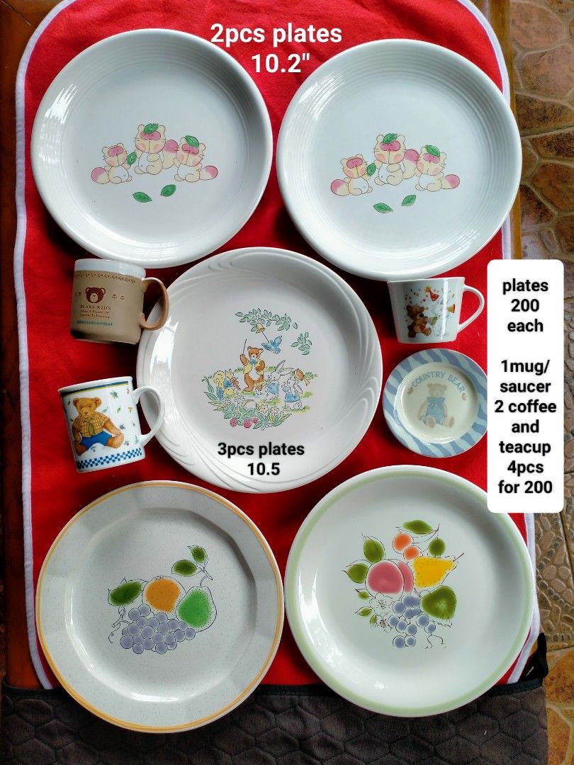 Assorted Ceramic Dinnerware Plates Mugs and Saucer Set (Category: Dinnerware & Cutlery) located in Manila. Submitted by margeventa (Listing ID 1465994554, Image 1). Description: - Cute stoneware plates, mugs, and saucers with fruit and animal designs - Large plates (10.2" & 10.5") and fruit design plates: PHP 200 each - Mug, saucer, coffee, and teacup bundle (4 pieces): PHP 200 total - Perfect for everyday kitchen use - Individual or bundle prici