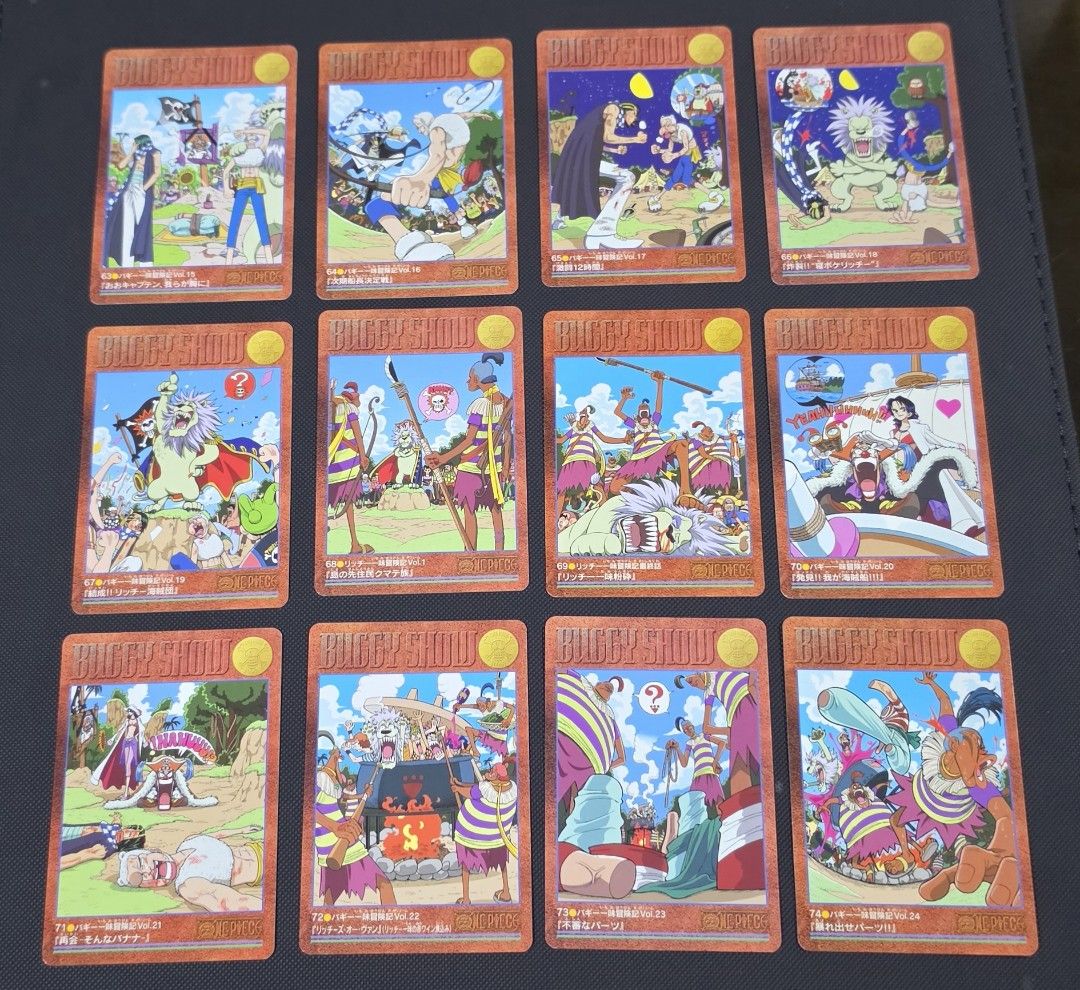 Assorted characters (Category: Raw Singles) located in Taytay. Submitted by king_ayamiku (Listing ID 1466111298, Image 3). Description: One Piece Visual Adventure (37pcs) One Piece Visual Adventure (15pcs) - No. 44-45 & 48-61 [Consecutive] One Piecr Buggy Show (16pcs) - No. 63-78 [Consecutive] One Piece Koby Meppo Times (6pcs) -No. 79-83 [Consecutive].