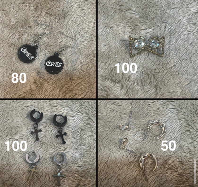 Assorted Earrings Collection (Category: Earrings) located in Manila. Submitted by keilonz (Listing ID 1466124443, Image 1). Description: - ✨ Cute & trendy earrings up for grabs! - 🥤 Coca-Cola Bottle Cap Dangles: ₱80 - 🎀 Rhinestone Bow Studs: ₱100 - 📿 Pastel Beaded Drop Styles: ₱150 - ✝️ Cross Hoop Pairs (Black & Silver): ₱100 per set 420 TAKE ALL .