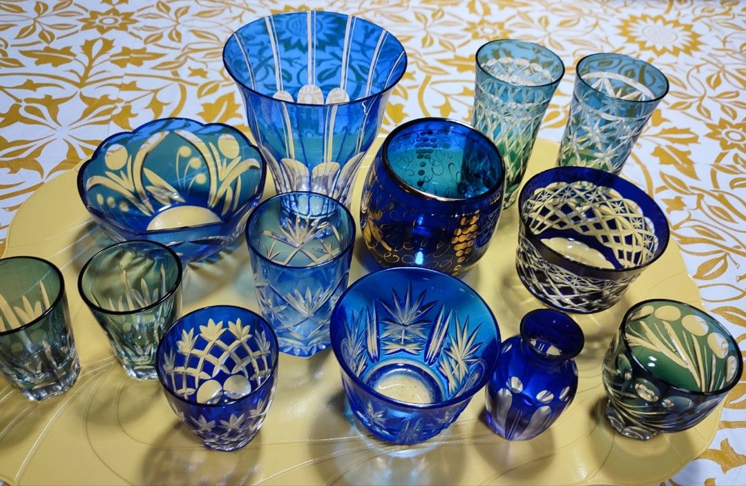 Assorted Etched glasswares (Category: Other Home Decor) located in Mandaluyong City. Submitted by lalahhome (Listing ID 1465991191, Image 1). Description: 16 pcs etched glasswares bundle blue, green and red color: -3 pcs glass etched vase (7" height) -8 pcs mini glasses -5 pcs glass and dessert small bowl from Japan Surplus selling low.