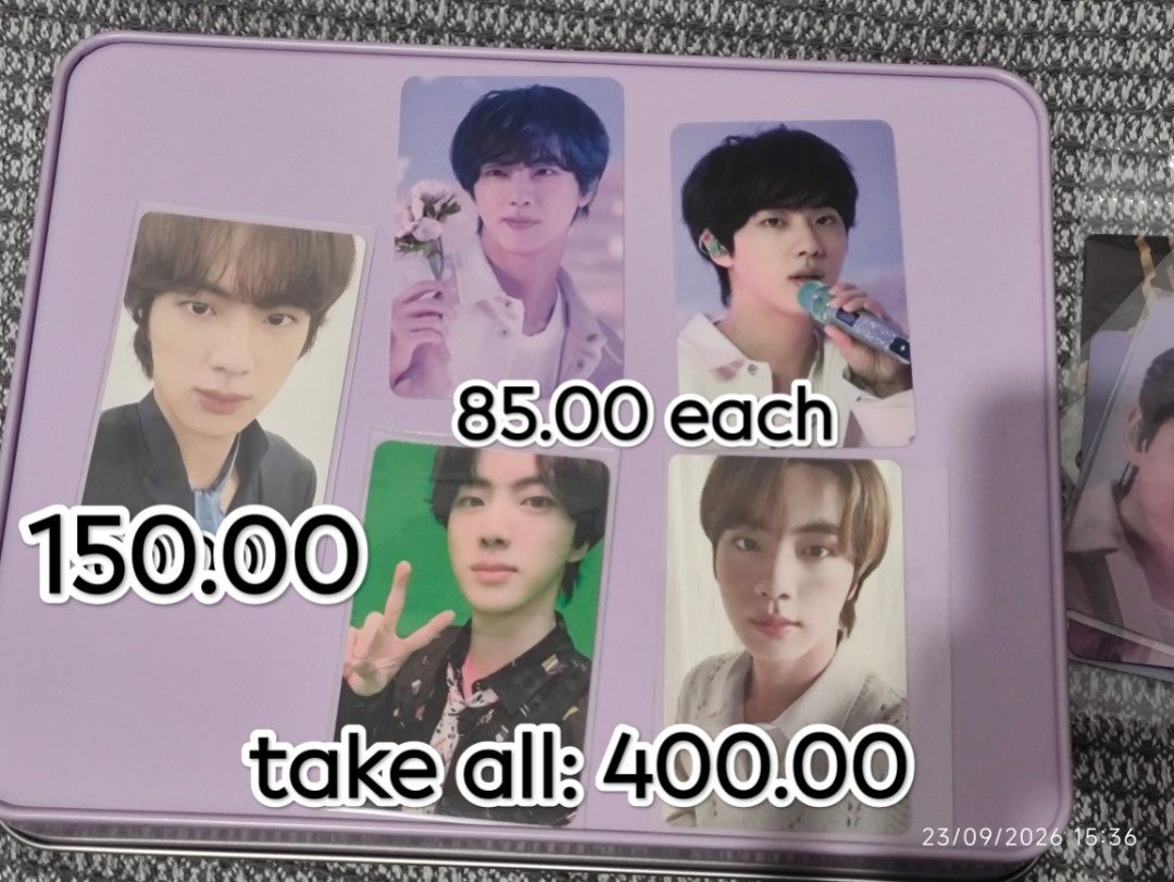 ASSORTED JIN's Photocards (Category: K-Wave Merchandise) located in Quezon City. Submitted by libro_atbp (Listing ID 1463657596, Image 1). Description: 🧸 TINY TAN / BT21 FOR SALE. Decluttering my personal collection. 💜 Prices & conditions are indicated in the photos. 💳 GCash / Maya / MariBank / GoTyme 🚚 Grab / Lalamove / Flash / J&T 📍 QC PAYO • FIRST TO PAY No COD • No reservations • No haggling. DM/comment if interested.