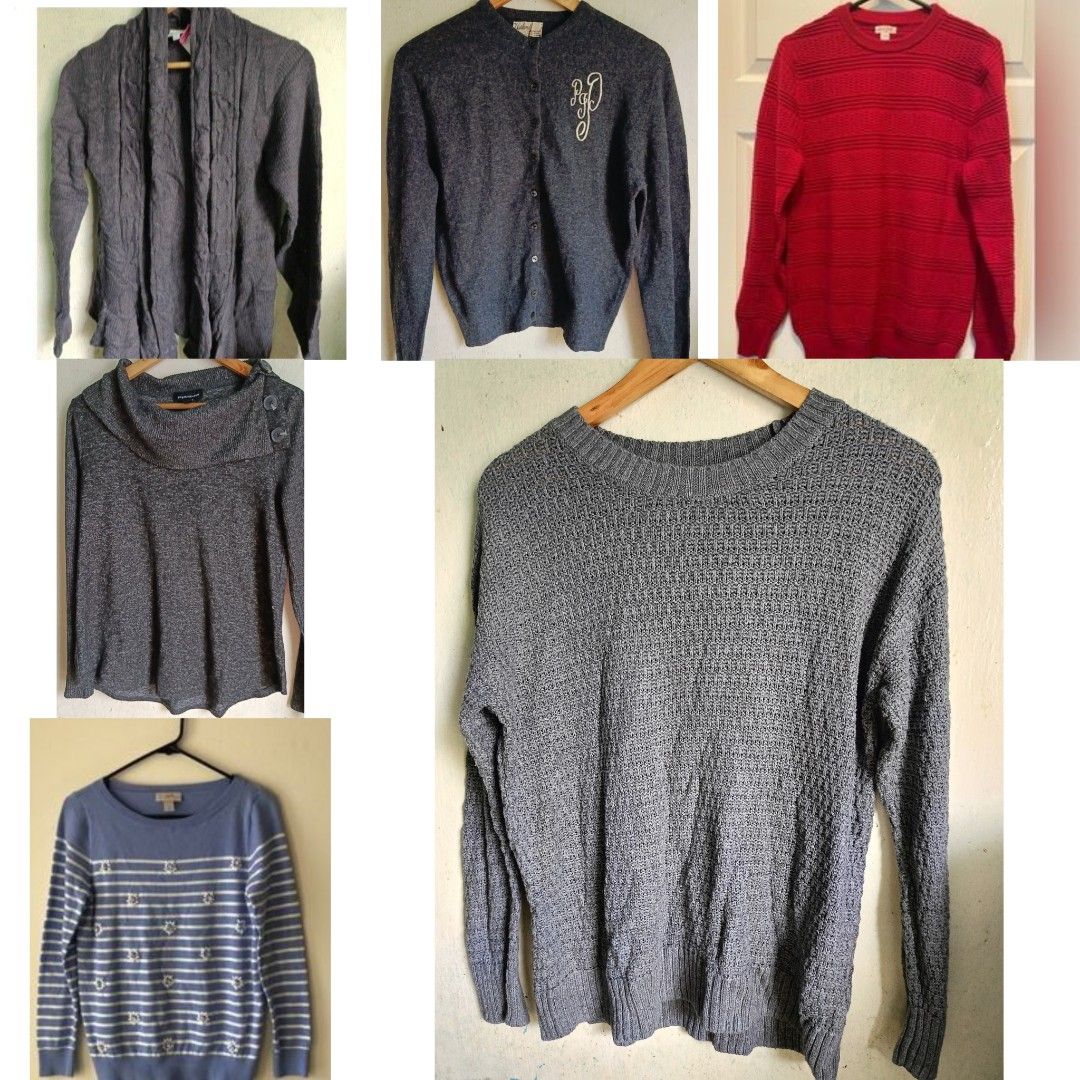 Assorted Women's Knit Sweaters and Cardigans Bundle (Category: Coats, Jackets and Outerwear) located in Quezon City. Submitted by cathyignaciogo09 (Listing ID 1466003643, Image 1). Description: - Bundle of 6 cozy knit sweaters and cardigans - Includes: gray open cardigan, gray button-down with monogram medium to large embroidery, bright red textured pullover, gray cowl neck top, gray crewneck sweater, and blue striped sweater with flower embellis