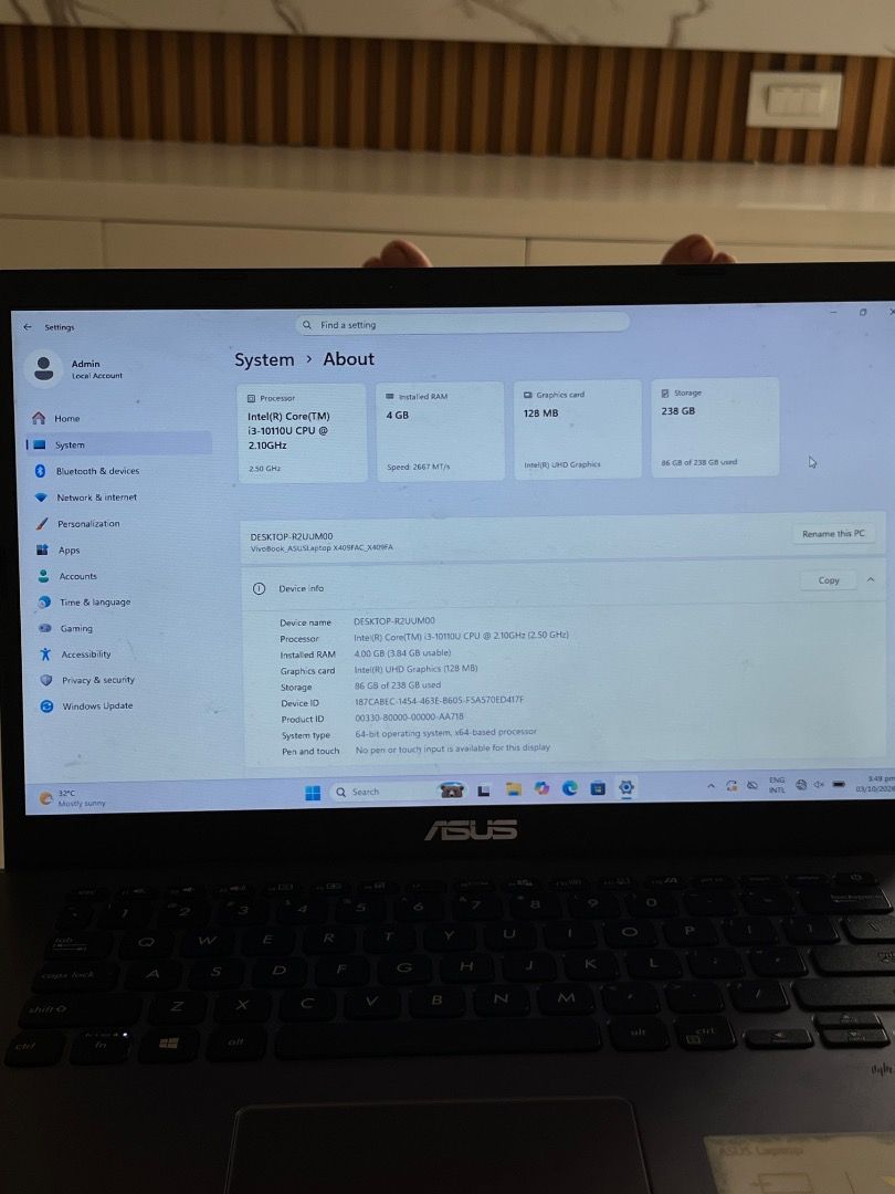 Asus Vivobook X409FAC (Category: Laptops & Notebooks) located in Caloocan City. Submitted by jllnyl (Listing ID 1466145899, Image 3). Description: Asus Vivobook X409FAC Intel Core i3 10th Gen 4gb Ram 256gb SSD 1TB HDD (for external use) Performance Capabilities: • Daily Productivity: - School Works - Office Works - Internet Browsing and Research • Media & Streaming • Light Gaming • Great for light photo and video editing Still smooth and works pe
