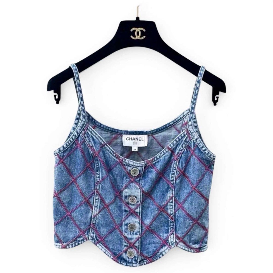 Authentic Chanel 2022 Coco Beach Collection Blue Denim Top (Category: Luxury Apparel) located in Muntinlupa City. Submitted by thevintageeditbyashley (Listing ID 1466001225, Image 1). Description: -Authentic and complete with tags -Size is small, fits up to semi medium -No flaws Chanel, Chanel Coco Beach, Chanel denim, Chanel vintage, Chanel runway, Chanel resort wear, Chanel beachwear, designer denim, luxury denim, designer top, luxury fashion, 