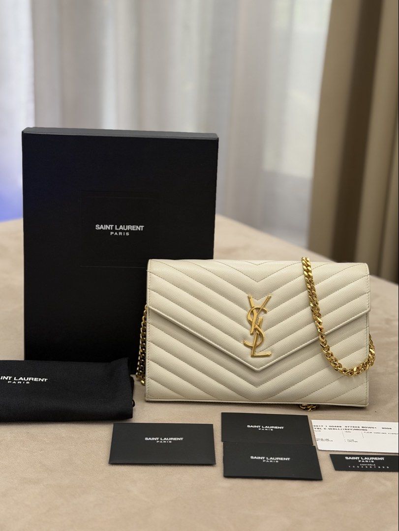 Authentic Saint Laurent Cassandre Grained Envelope WOC (Category: Cross-body Bags) located in Manila. Submitted by maria_2326 (Listing ID 1465994040, Image 1). Description: Saint Laurent Cassandre Grained Envelope Wallet on Chain Complete Inclusions No lowballing! Location: Manila/QC.