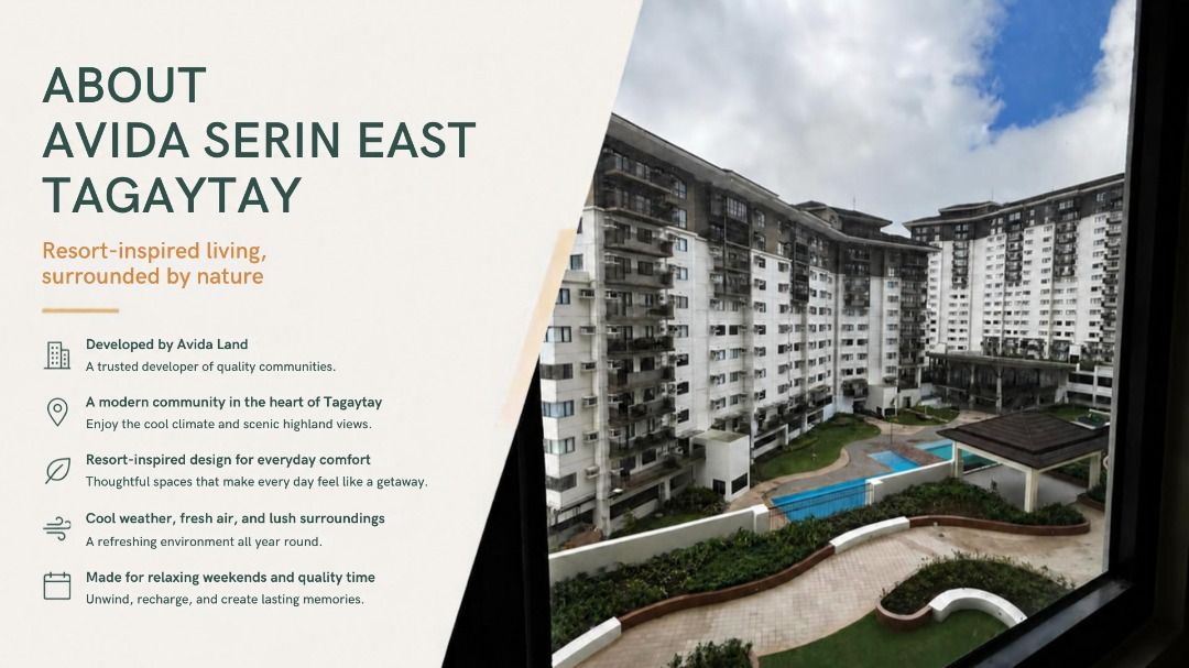 Avida Serin East Tagaytay Executive Studio Unit Tower 4 (Category: Apartments & Condos) located in Caloocan City. Submitted by iamruthy87 (Listing ID 1465973543, Image 3). Description: - Property: Avida Serin East Tagaytay - Tower: Tower 4 - Floor Area: 30.5 sq.m. - Layout: 1 Bedroom, 1 Bathroom - View: Facing amenities and swimming pool - Parking: Not included - Status: Pre-selling for assignment, ready for turnover - Ideal for: Vacation home or