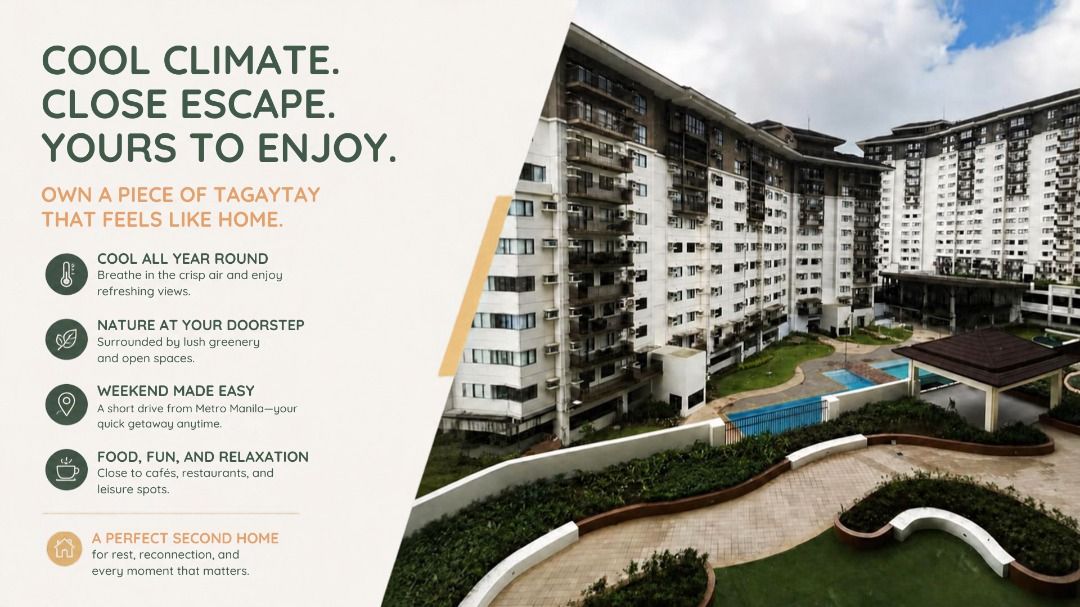 Avida Serin East Tagaytay Executive Studio Unit Tower 4 (Category: Apartments & Condos) located in Caloocan City. Submitted by iamruthy87 (Listing ID 1465973543, Image 2). Description: - Property: Avida Serin East Tagaytay - Tower: Tower 4 - Floor Area: 30.5 sq.m. - Layout: 1 Bedroom, 1 Bathroom - View: Facing amenities and swimming pool - Parking: Not included - Status: Pre-selling for assignment, ready for turnover - Ideal for: Vacation home or