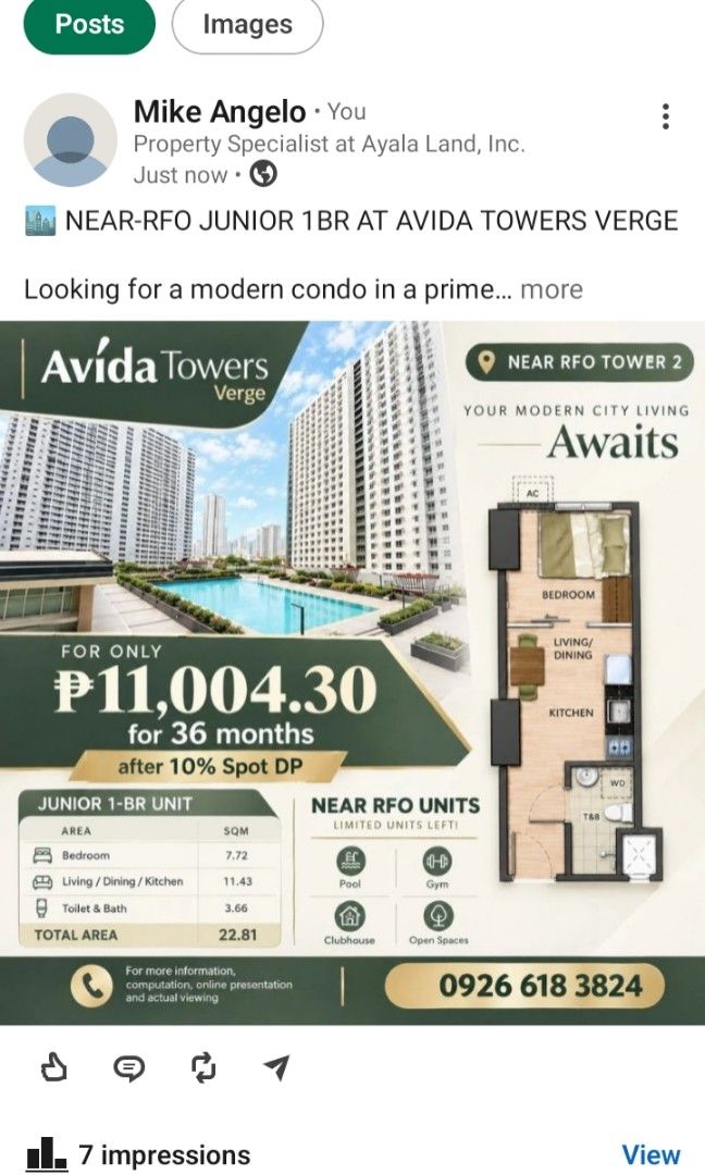 Avida towers Verge (Category: Apartments & Condos) located in Manila. Submitted by mike-angelo (Listing ID 1466002104, Image 1). Description: 🏙️ NEAR-RFO JUNIOR 1BR AT AVIDA TOWERS VERGE Looking for a modern condo in a prime location? Avida Towers Verge offers convenient city living in Mandaluyong, close to MRT Shaw, EDSA, Ortigas, Makati, and BGC. ✨ Junior 1BR Unit 📐 22.81 sqm 💰 ₱11,004.30/month for 36 months 📌 After 10% Spot DP 🏢 Near RFO 