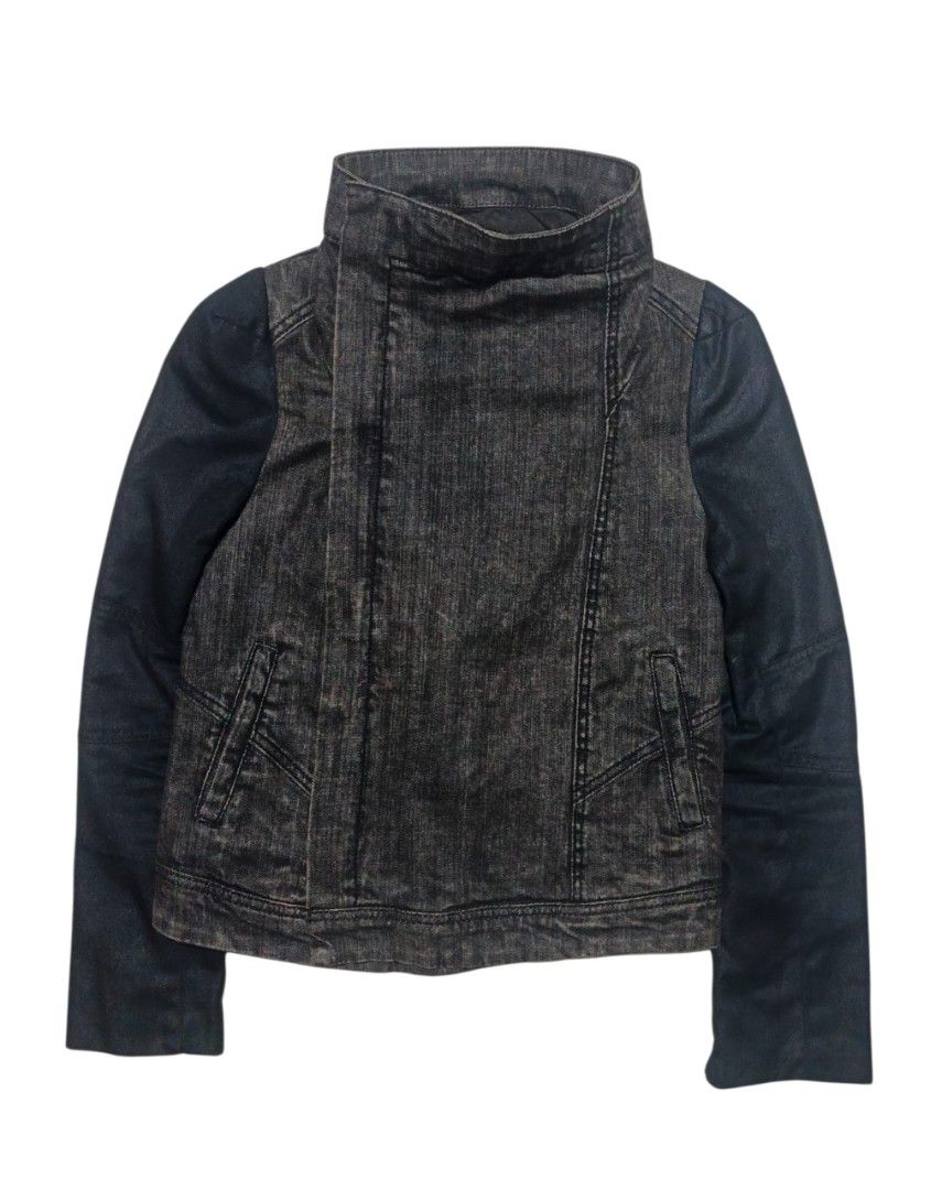 B+AB High Neck Jacket (Category: Coats, Jackets and Outerwear) located in Calabanga. Submitted by bekneegear (Listing ID 1466123030, Image 1). Description: B+ab label, gotta pick my precious love collection. Size 38, 160/80A. Dark acid wash denim body, contrasting dark fabric sleeves. High stand collar with diagonal zip front. Two front pockets with diagonal stitching. Body fabric 99% cotton, 1% spandex. Sleeve fabric 65% polyester, 35% cotton. H